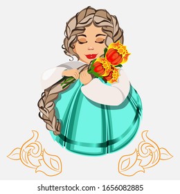 girl in turquoise sundress with orange flowers, vector girl character for children book