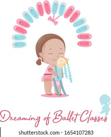 The girl in the tutu skirt hugs her stitched rabbit toy. Postcard Dreaming of ballet classes
