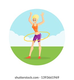 Girl Twirling Hula Hoop Around Her Waist in Nature Wearing Sports Uniform, Physical Workout Training, Active Healthy Lifestyle Vector Illustration