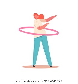 Girl Twist Hoop on Waist, Child Playing Game, Sports and Active Lifestyle. Healthy Entertainment or Hobby. Isolated Young Female Character Playing With Hula Hoop. Cartoon People Vector Illustration