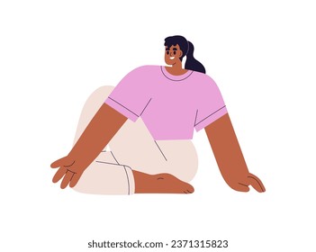 Girl in twisting yoga asana. Happy woman stretching, exercising in Half Lord of the Fishes pose, seated posture. Young flexible female exercising. Flat vector illustration isolated on white background