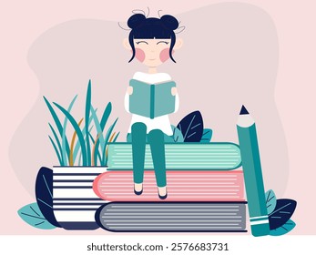 a girl with two beautiful ponytails sits on books with large pencils lying nearby