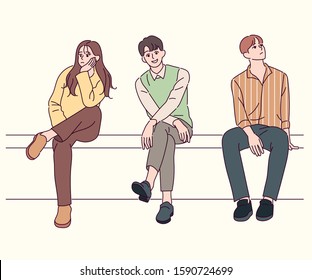 A girl and two boys are sitting cross-legged. hand drawn style vector design illustrations. 