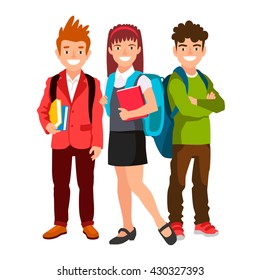 The girl and two boys. Students with backpacks and books. The concept of school education. Vector illustration on white background. Back to school.