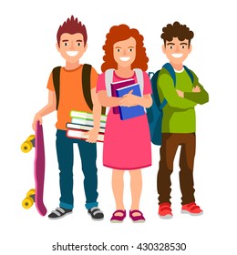 The girl and two boys. Students with backpacks, books and skateboard. The concept of school education. Vector illustration on white background. Back to school.