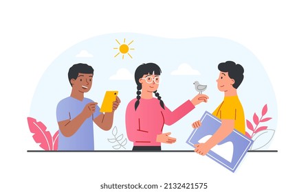 Girl and two boys. Teenagers communicate at school, friends discuss lessons and homework. News, gossip and rumors. Good relationships with childrens, creative people. Cartoon flat vector illustration