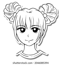 Girl with two bun hairstyle on 2 white silhouette. Vector illustration for decorate logo, text, greeting cards and any design. Cartoon anime japanese style.