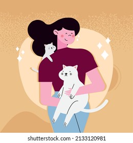 girl with two cats on orange background