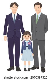 Girl And Two Dads On The Day Of The Elementary School Entrance Ceremony