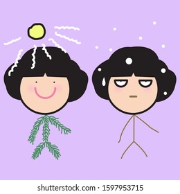 Girl With Two Different Christmas Pine Tree Body And Two Different Mood In Summer And Winter Concept Card Character illustration