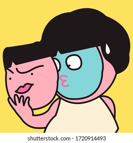 Girl With Two Faces Mask. Calm And Peaceful Character Taking Off Grumpy Mask. Coccept Card Character illustration