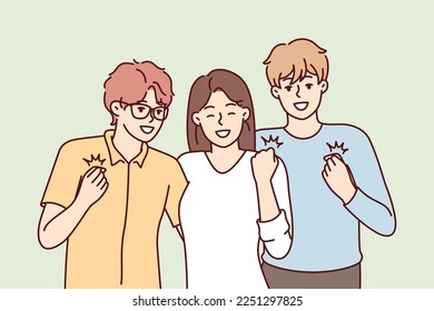 Girl and two guys with smile on faces make winning gesture rejoicing at receiving prize in student competition. Youth men and woman in casual clothes having fun together. Flat vector image