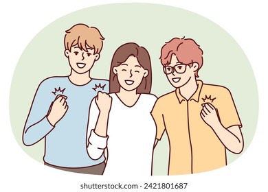 Girl and two guys with smile on faces make winning gesture rejoicing at receiving prize in student competition. Youth men and woman in casual clothes having fun together. Flat vector image