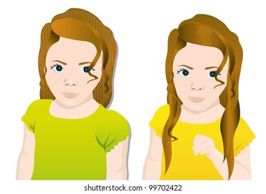 Girl in two hand positions and hair, vector illustration