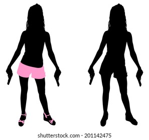 girl with two handguns, vector