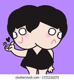 The Girl With Two Heads In Heart Shape. Lovely Woman Trying To Cheer Up Herself Other Frowning Face Concept Card Character illustration
