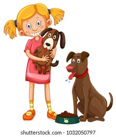 Girl with two pet dogs illustration