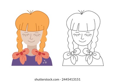 Chica con dos coletas y arcos. Ilustración vectorial de garabatos.