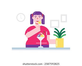 A girl with two pigtails is eating ice cream tasty. Design character. Vector flat illustration