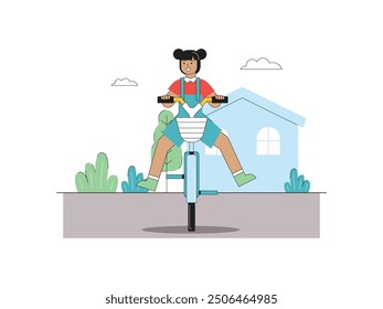 Una niña con dos coletas está jugando a la bicicleta en el patio delantero, actividad al aire libre. Diseño de personajes. Ilustración plana de Vector