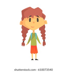 Girl With Two Plats, Primary School Kid, Elementary Class Member, Isolated Young Student Character