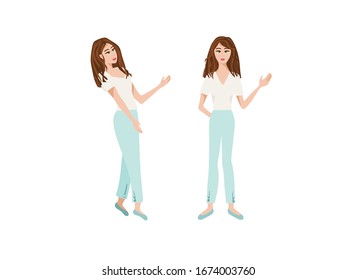 niña en dos poses, ilustración plana vectorial de una niña con pantalones blanco y pantalones con fondo blanco