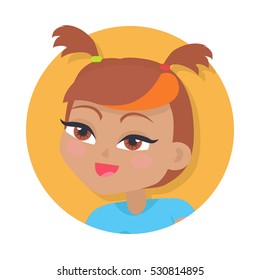 Girl with two red pigtails and forelock. Bright line on forelock. Portrait of nice female person with hazel eyes. Blue t-shirt. Cartoon style in flat design. Kindergarten lady avatar userpic. Vector