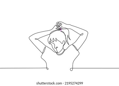 girl tying a ponytail on her hair with an elastic band - one line drawing vector. concept simple hairstyle, buy an elastic band for hair, collect hair in a ponytail