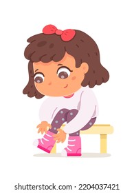 Girl Tying Shoelaces Vector Illustration. Cartoon Isolated Cute Independent Crouched Child Learning To Tie Laces On Sneakers Or Shoes, Daily Routine Of School Or Kindergarten Little Student Character