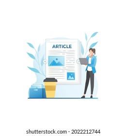 Girl types in laptop, writes content, post, newspaper, news, text with illustrations, pictures. Publication of article. Work of journalist, editor with coffee. Copywriting. Paper work.