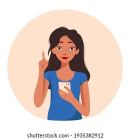 Ein Mädchen tippt eine Nachricht auf ihrem Telefon mit einem Banner für Text. Frau SMS mit einem Smartphone, Symbole sozialer Medien. Happy Girl, das Handy hält, mit einer mobilen Dating-App chatten oder Nachrichten senden