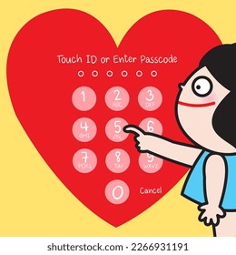 Girl Typing A Passcode To Unlock A Red Shape Heart Concept Card Character illustration