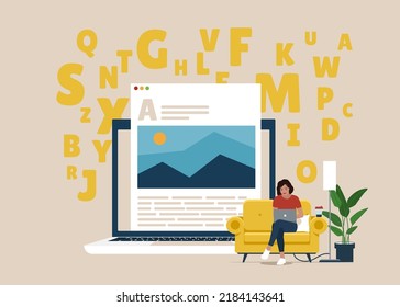 Girl typing text on laptop. Professional writer, author, redactor, journalist, copywriter, content manager, blogger. Vector illustration on white background.