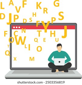 Girl typing text on laptop. Professional writer, author, redactor, journalist, copywriter, content manager, blogger. Vector illustration on white background.

