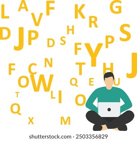 Girl typing text on laptop. Professional writer, author, redactor, journalist, copywriter, content manager, blogger. Vector illustration on white background.

