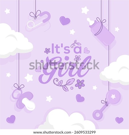 It's a Girl typography post design with soft pastel tones, featuring baby-related elements like pacifiers, baby bottles, and clouds. Ideal for birth announcements, baby showers, and greeting cards.