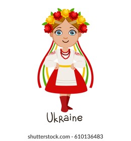 Girl In Ukraine Country National Clothes, Wearing Wreath Of Flowera And Ribbon Headdress Traditional For The Nation