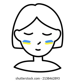 Girl with the Ukrainian flag on her cheeks. Vector simple image, doodle. For websites, design, stickers, logos, labels, books.