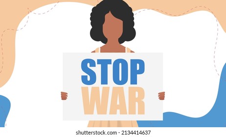 A girl of Ukrainian nationality holds a banner with the inscription Stop the war in her hands. Cartoon style. Vector.