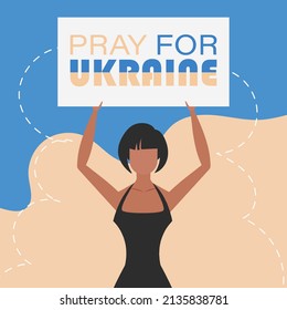 A girl of Ukrainian nationality holds a poster with the inscription Stop the war in her hands. Vector.