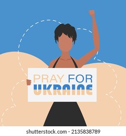 A girl of Ukrainian nationality holds a poster with the inscription Pray for Ukraine in her hands. Vector.