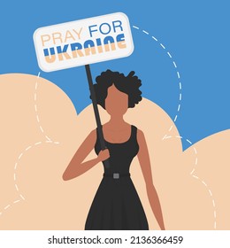 A girl of Ukrainian nationality holds a poster with the inscription Pray for Ukraine. Vector.