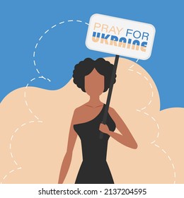 A girl of Ukrainian nationality holds a poster with the inscription Pray for Ukraine in her hands. Cartoon style. Vector.