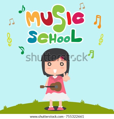 girl and ukulele.music classroom for kid.vector hand dreawn style