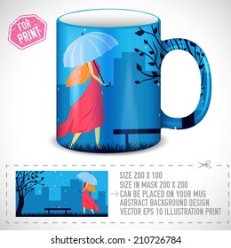 girl with umbrella in a autumn night. Colorful art design for print on a cup. Vector illustration concept