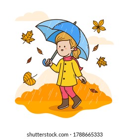 Girl with umbrella in the autumn rain illustration, isolated background