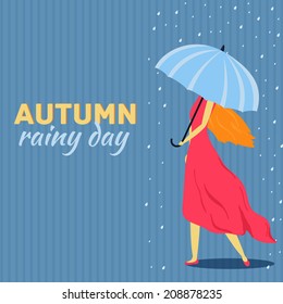 Girl with umbrella in a autumn raining day bacground concept. Vector illustration design