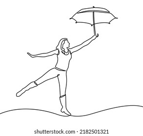 Girl with umbrella awesome and pretty continuous line drawing minimalist design. Hijab women elegant design. Continuous Line Drawing of young woman with an umbrella cane