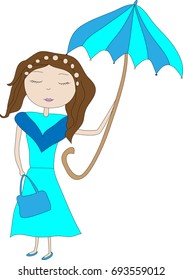 Girl with an umbrella. In blue color