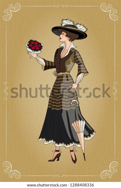 A girl with an umbrella\
and a bouquet of roses. Belle Epoque vintage poster. Handmade\
drawing vector illustration. All objects are grouped and divided\
into layers. 